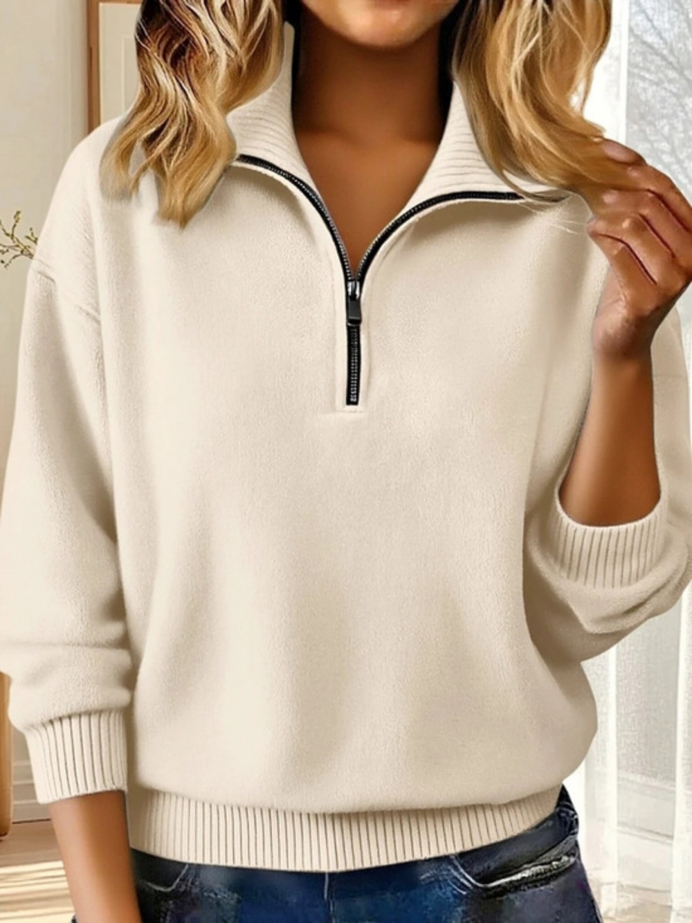 Cream Quarter-Zip Sweater Cashmere Blend Size L